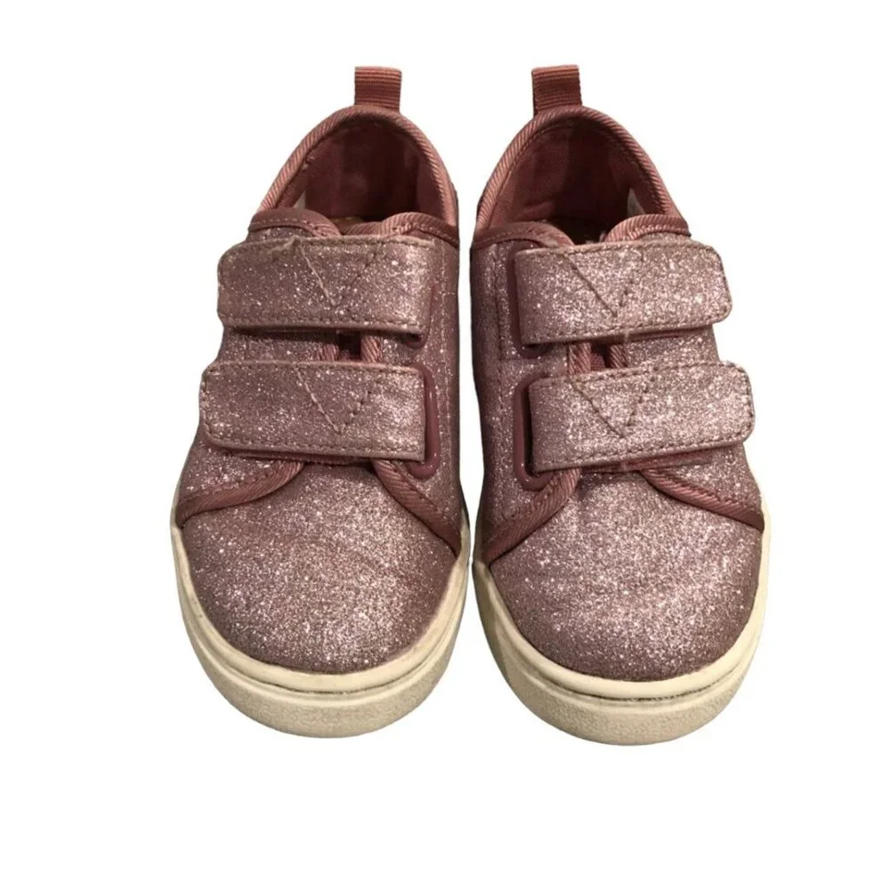 Toms Sz 7 Pink Sparkly Glitter Velcro Sneakers